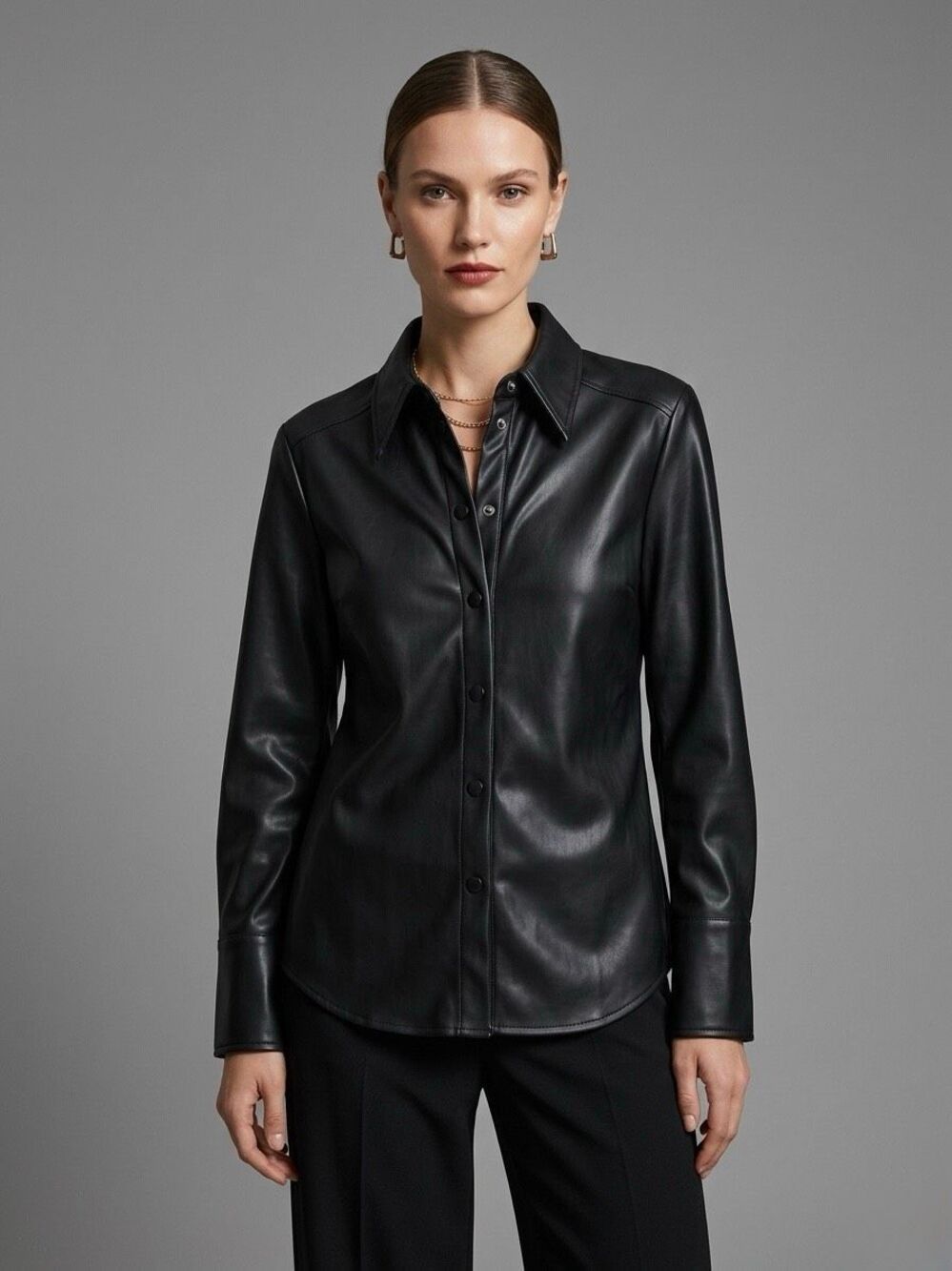 ZARA Black Faux Leather Button-Down Shirt